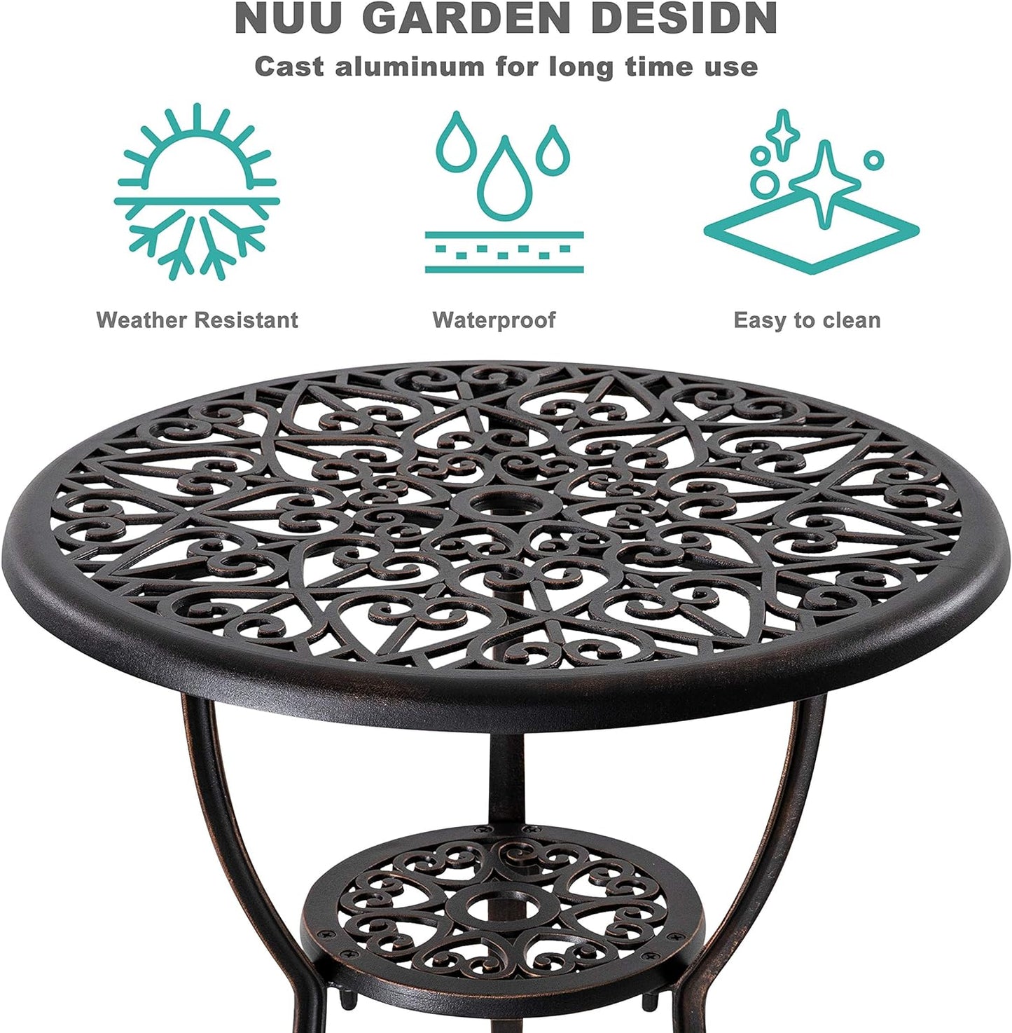 NUU GARDEN Bistro Set 3 Piece Outdoor All Weather Cast Aluminum Patio Bistro Set Patio Table and Chairs Set of 2 with Umbrella Hole for Backyard, Balcony, Front Porch, Lawn, Pool, Bronzer