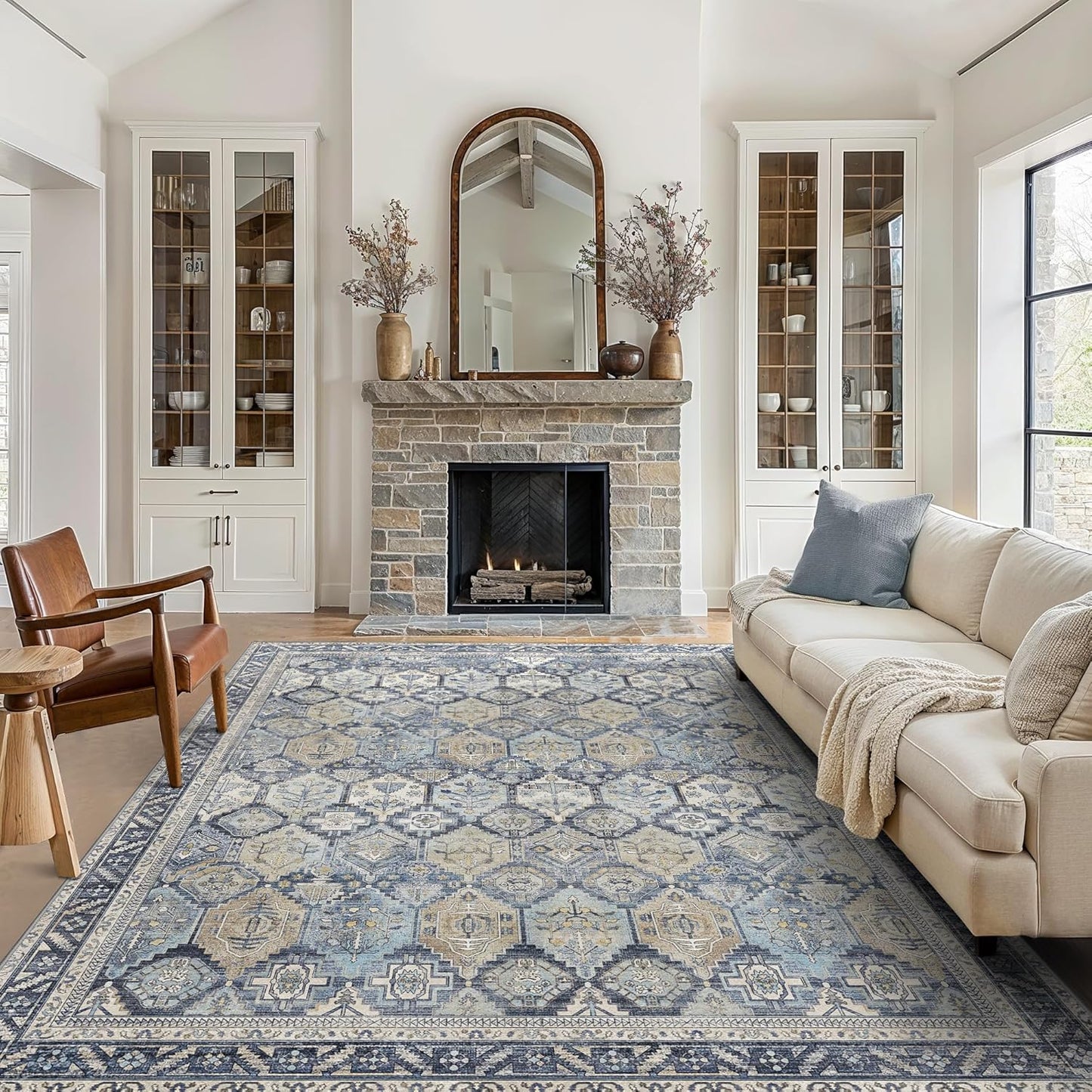 GENIMO 5x7 Area Rugs for Living Room, Machine Washable Non Slip Vintage Rugs, Low Pile Lightweight Chenille Print Rug for Bedroom, Dining Room, Home Office, Brown Blue