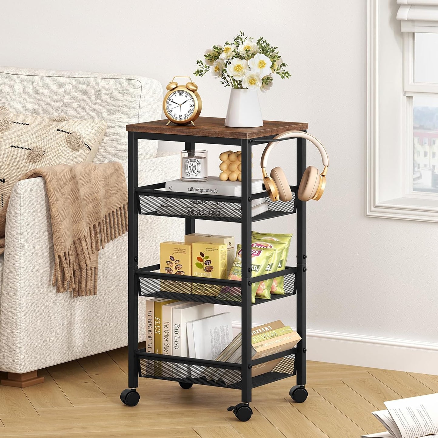 Hoctieon Rolling Storage Cart, 4-Tier Wide Panel Kitchen Storage Cart, Utility Carts with Handle & Wheels, Mobile Shelving Unit, Metal Frame Narrow Carts for Home Kitchen, Laundry, Rustic Brown