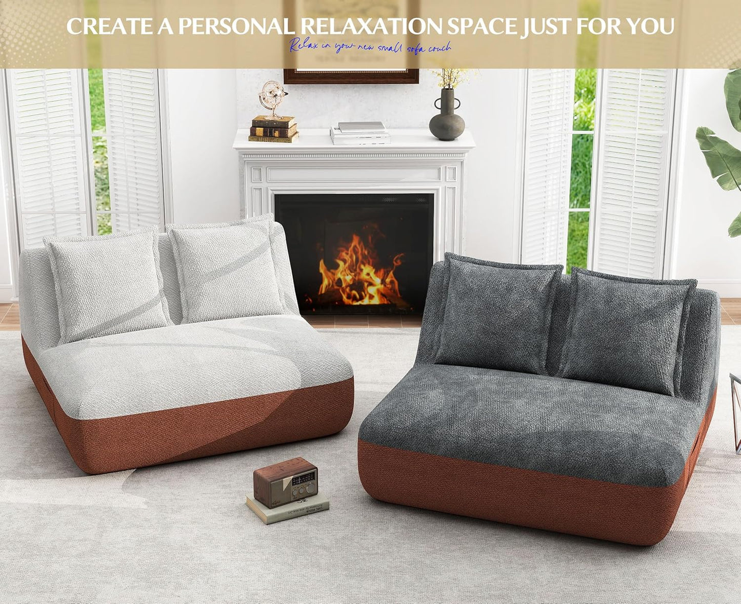 Hobestluk Small Sofa Couch Lounge Sofa Chair for Living Room, Comfy Memory Foam Couch, Mini Sofa with Side Pocket for Living Room, Bedroom (Terracotta+Grey)