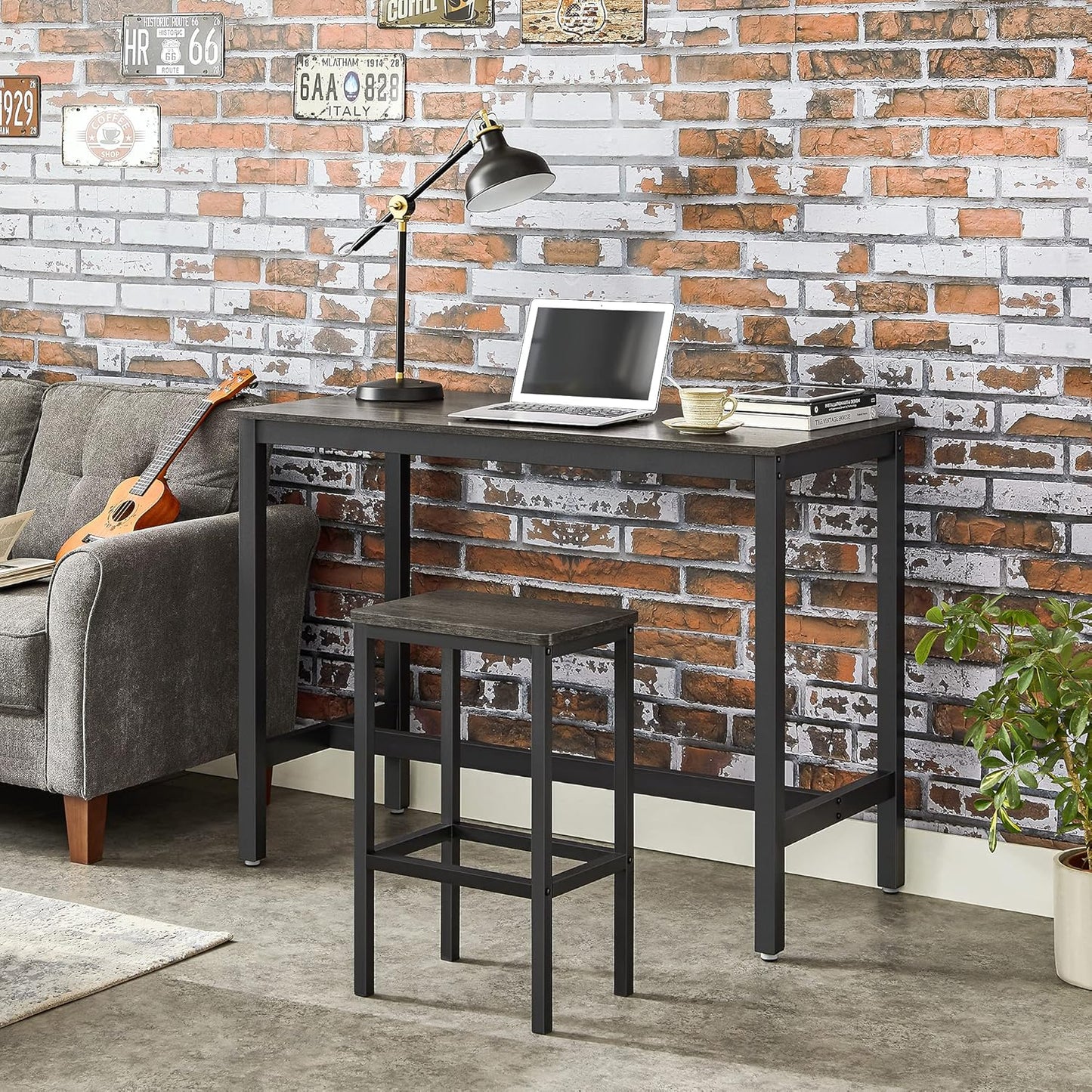 VASAGLE Bar Stools, Set of 2 Bar Chairs, Kitchen Breakfast Bar Stools with Footrest, Industrial in Living Room, Party Room, Charcoal Gray and Black ULBC065B04