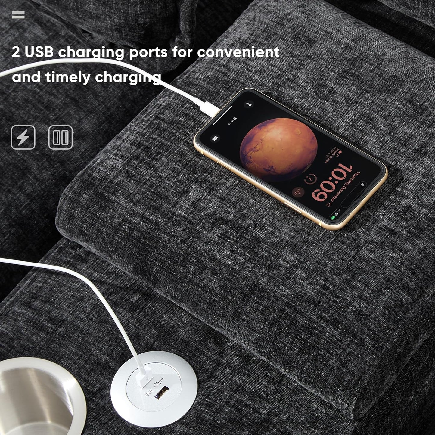 Merax Modern Sectional Sofa with Cupholders, Console and USB Charging Ports, Chenille Upholstered Sleeper Couch & Double Cushions, Symmetrical Chaise Indoor Furniture for Living Room, Apartment, Black