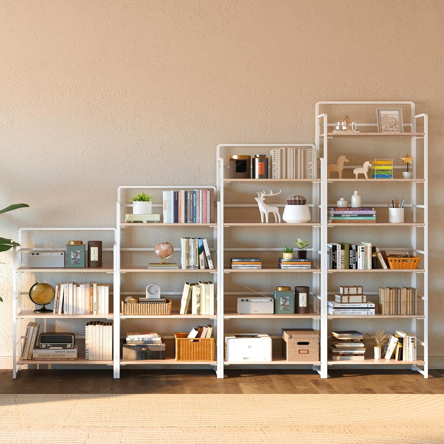 4NM No-Assembly 6 Tiers Folding Bookshelf Storage Shelves Vintage Bookcase Standing Racks Study Organizer Home Office (Natural White)