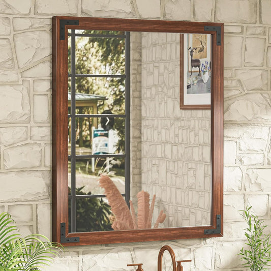 TETOTE 30 x 36 Walnut Wooden Mirror for Bathroom Wall/Bedroom/Living Room/Entryway Farmhouse Rustic Bathroom Vanity Mirror Brown Waterproof (Horizontal/Vertical Mounted)