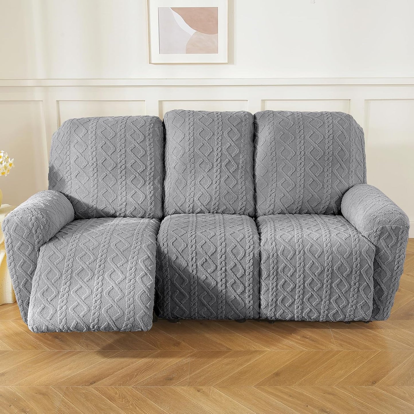 vctops 8 Pieces Geometric Jacquard Plush Recliner Sofa Covers Soft Fuzzy Fluffy 3 Seats Couch Cover Anti-Slip Sofa Slipcover Furniture Protector with Elastic Bottom for Kids Pet(Grey,3 Seat)