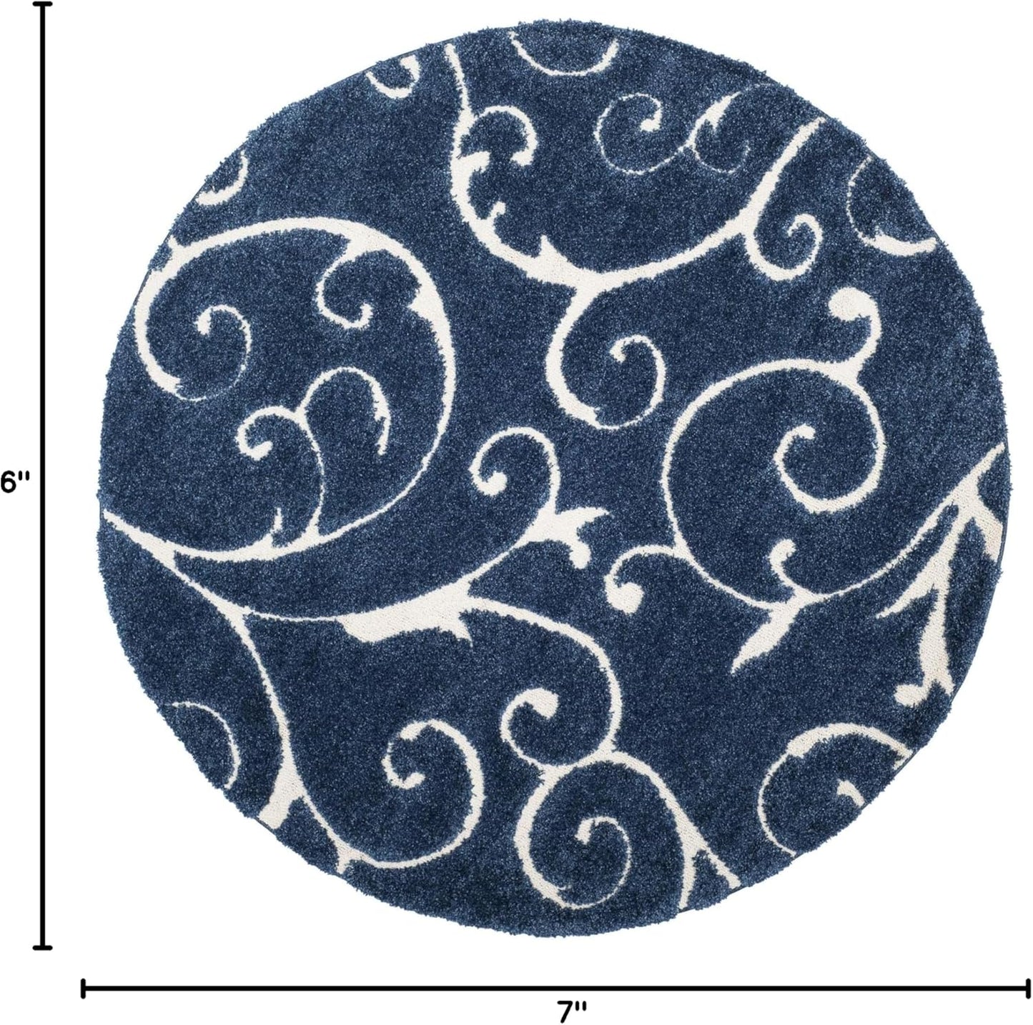 SAFAVIEH Florida Shag Collection Area Rug - 6'7" Round, Dark Blue & Cream, Scroll Design, Non-Shedding & Easy Care, 1.2-inch Thick Ideal for High Traffic Areas in Living Room, Bedroom (SG455-6511)