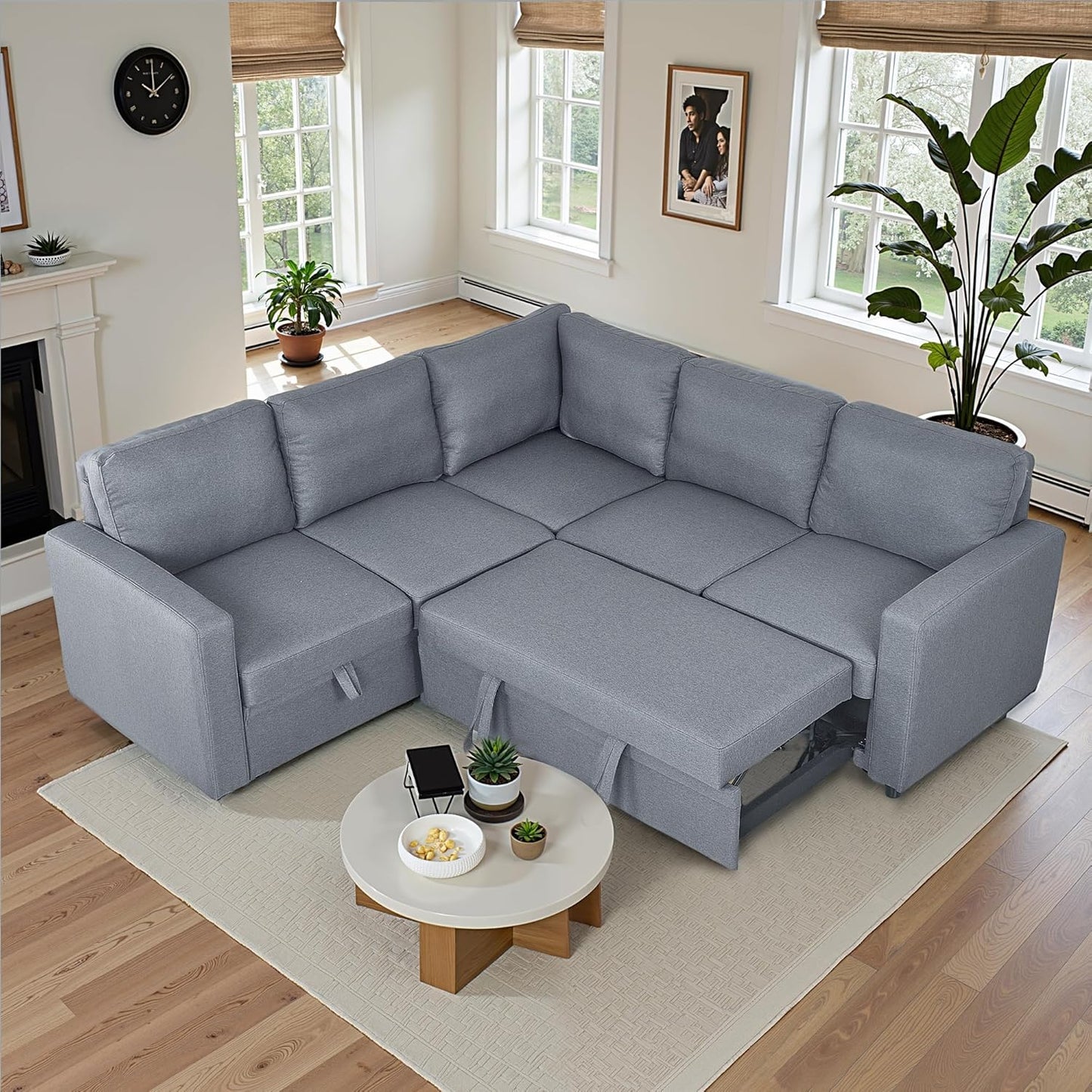 83" Pull Out Sleeper Couch with Storage Chaise, Couch, Sofa Bed, Convertible L Shaped Sofa for Living Room, Apartment, Grey