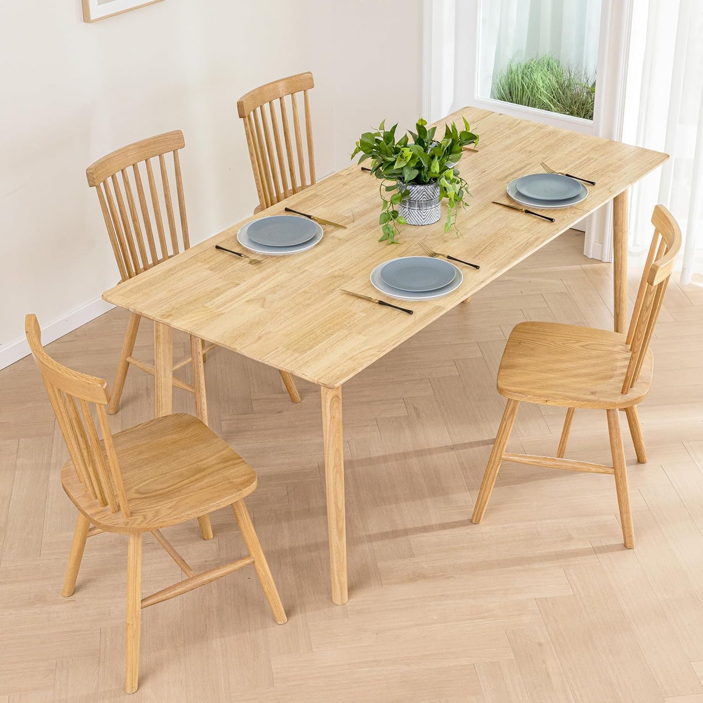 DELAVIN 59" Large Solid Wood Dining Table for 4-6 People, Mid Century Modern Oak Dining Room Table, Farmhouse Rectangular Kitchen Table for Dining Room, Living Room, Easy Assembly, Natural