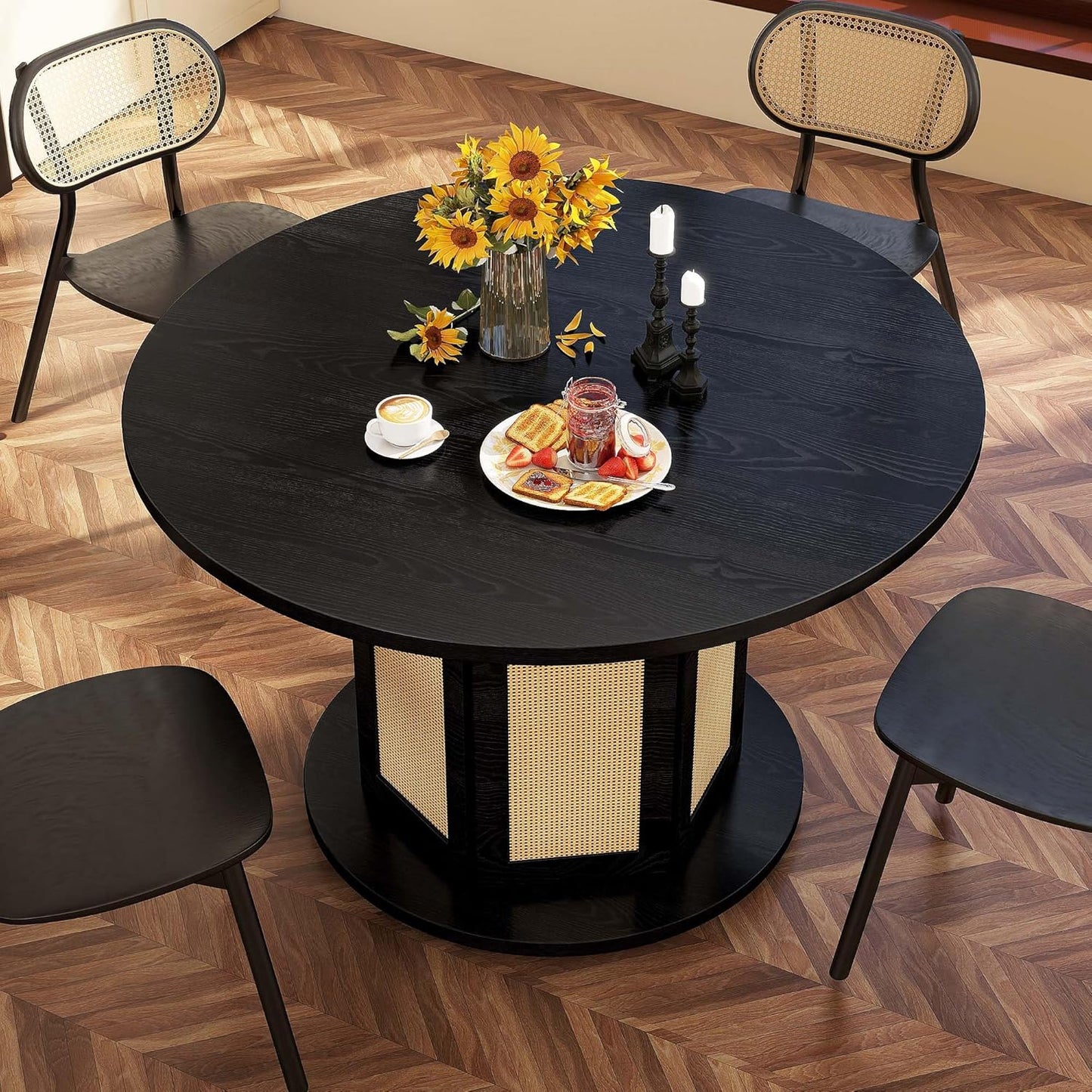 DWVO Round Dining Table for 4-6 People 47 Inch Farmhouse Kitchen Table with Rattan Circular Base Wooden Dinner Table for Dining Room Family Gathering, Black