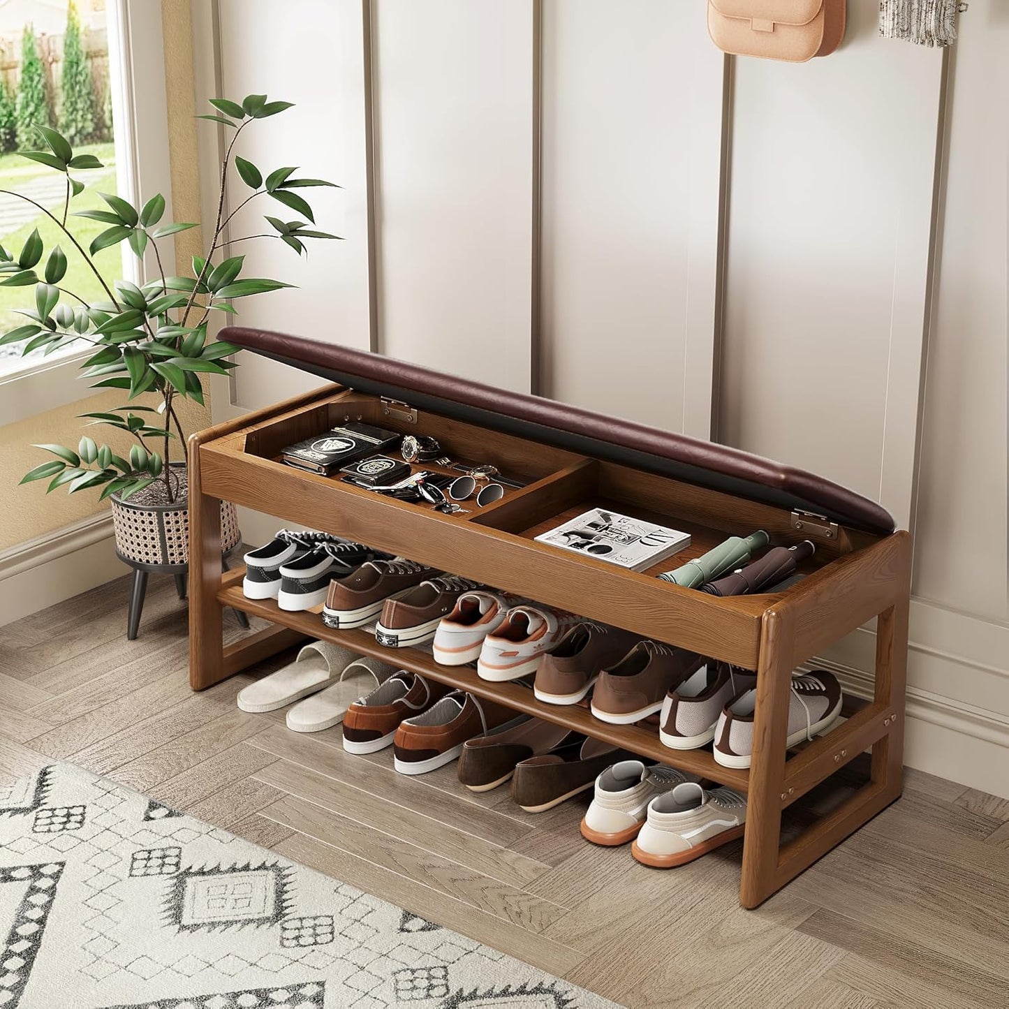 Shoe Rack Bench Seat Rubberwood 2-Tier Wooden Storage Bench 550lbs Compact Mid-Century Modern Design for Entryway, Hallway, Closet, Front Door Entrance, Foyer