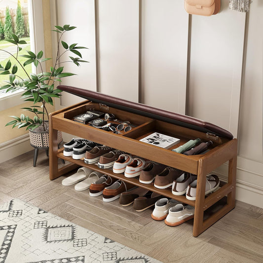 Shoe Rack Bench Seat Rubberwood 2-Tier Wooden Storage Bench 550lbs Compact Mid-Century Modern Design for Entryway, Hallway, Closet, Front Door Entrance, Foyer