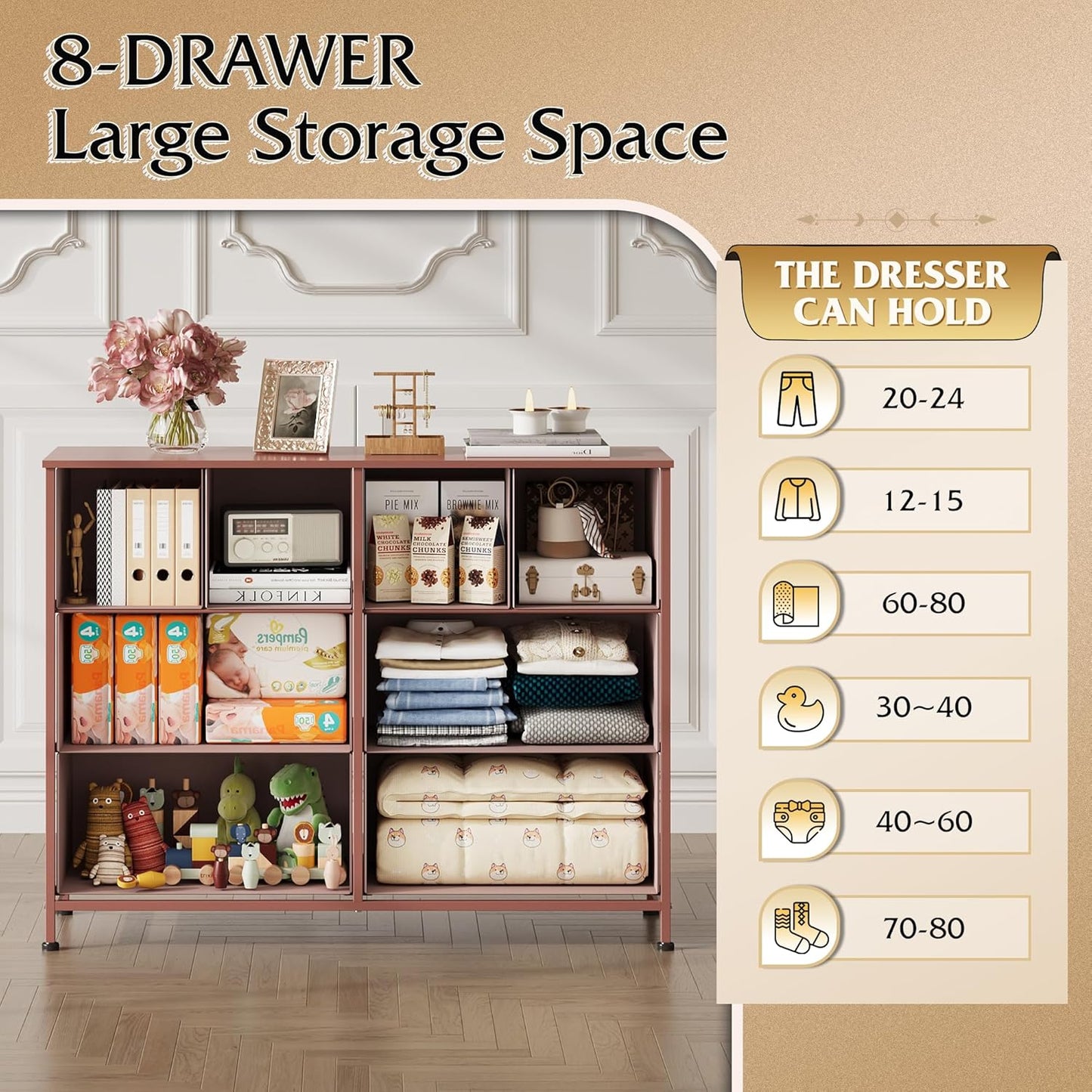 WLIVE 8 Drawer Dresser for Bedroom, Wide Fabric Dresser Storage Organizer, Chest of Drawers with Wood Top, Sturdy Steel Frame, Dressers for Living Room, Closet, Hallway, Pink