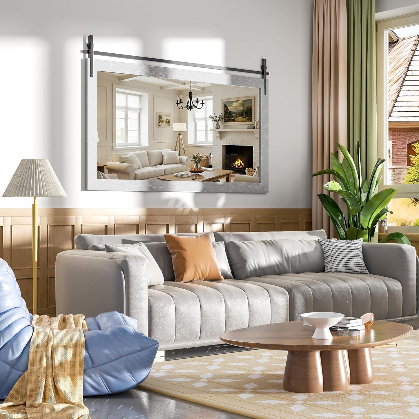 Hasipu Farmhouse Bathroom Mirror, 60"x30" Rustic Wood Framed Wall Mounted Mirror, Gray Vintage Vanity Mirror Barn Door Style Decrative Mirrors