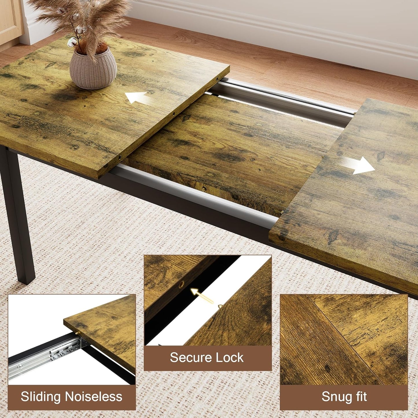 5 Piece Dining Table Set for 4-6, 63" Extendable Kitchen Table Set with 2 Benches & 2 Stools, Farmhouse Dining Room Table for Small Space, Metal & Wood Support, Rustic Brown