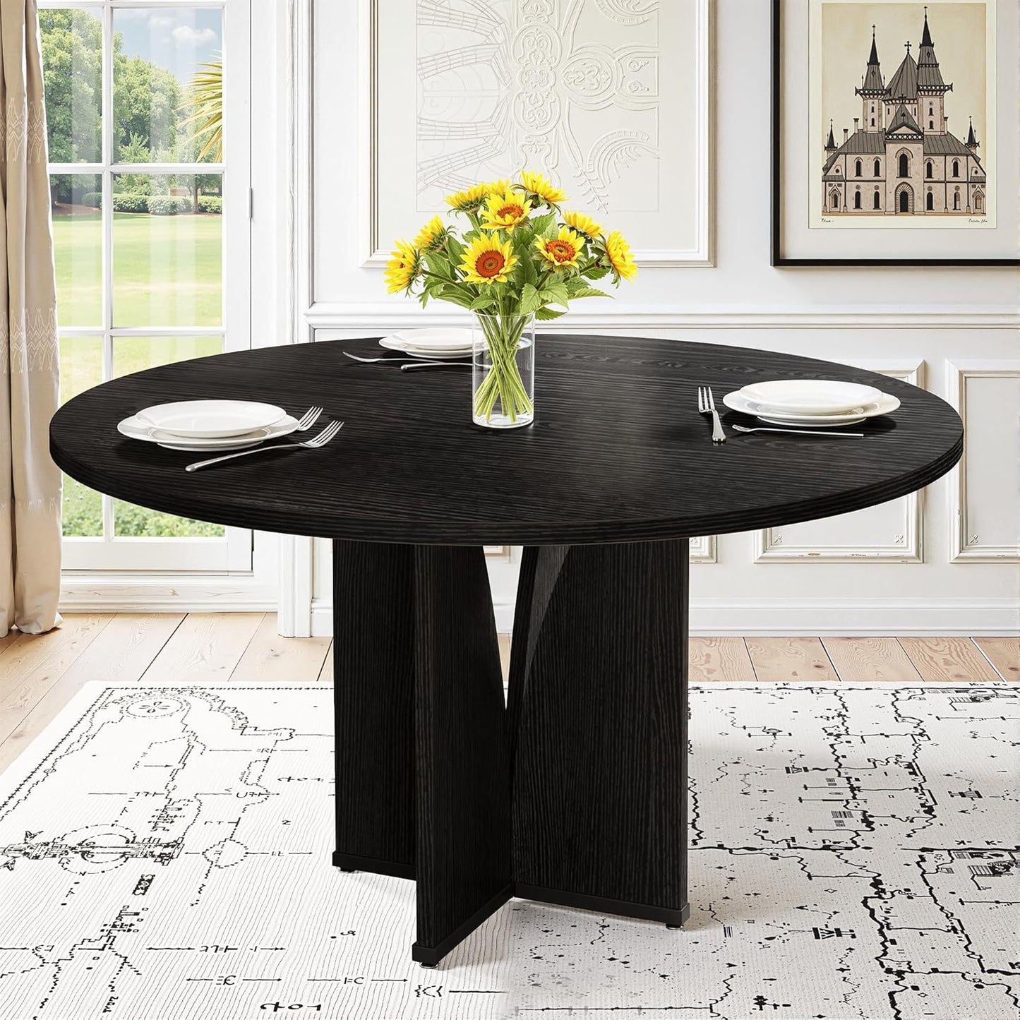 NicBex 39 Inch Round Dining Table for 4, Wooden Small Dinner Table Farmhouse Kitchen Tables with X-Shaped Stable Pedestal for Dining Room, Kitchen, Living Room，Black