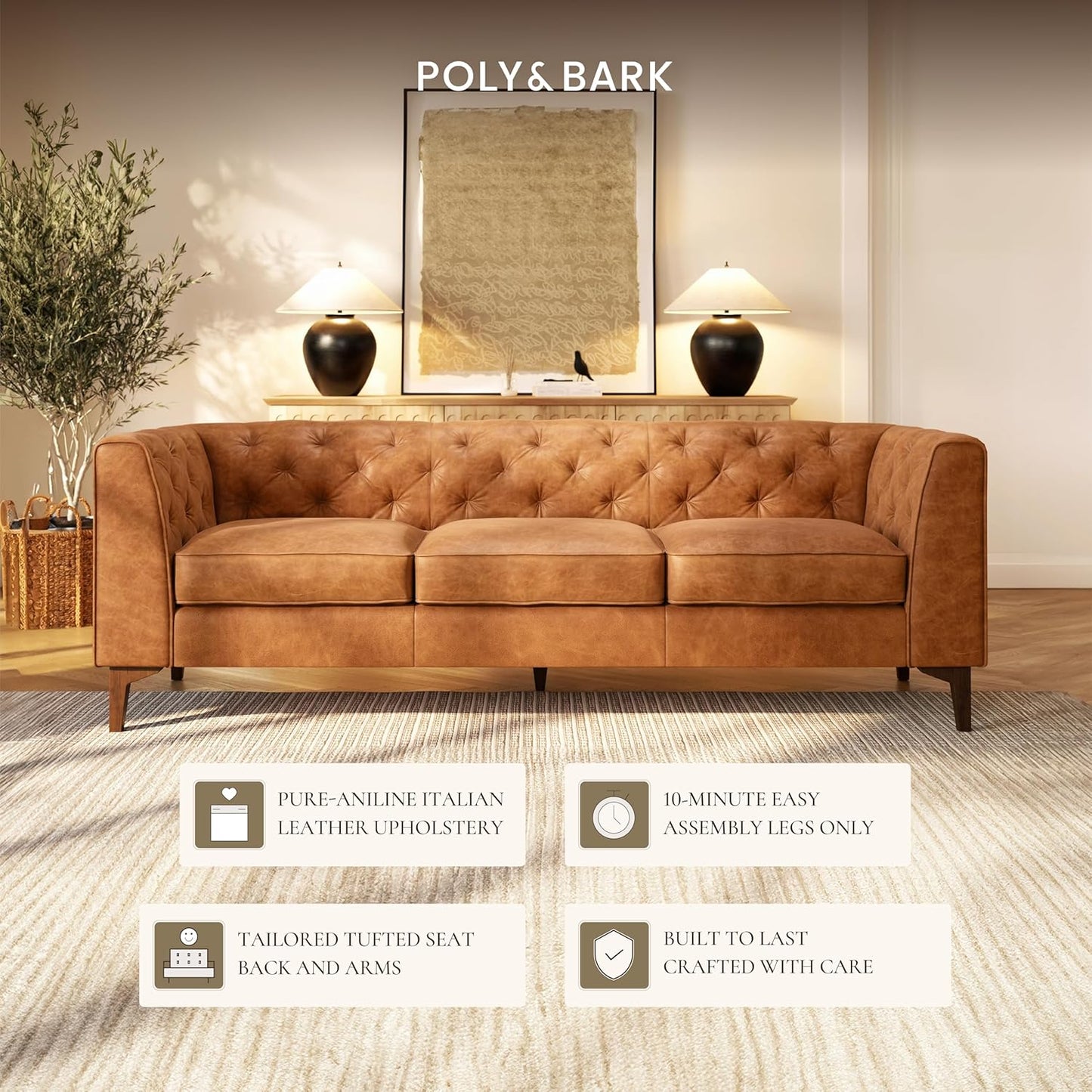Poly & Bark Essex Leather Couch - 89-Inch Sofa with Tufted Back - Full-Grain Leather Sofa for Living Room with Feather-Down Topper - Living Room Couch - Vintage Italian Leather in Cognac Tan