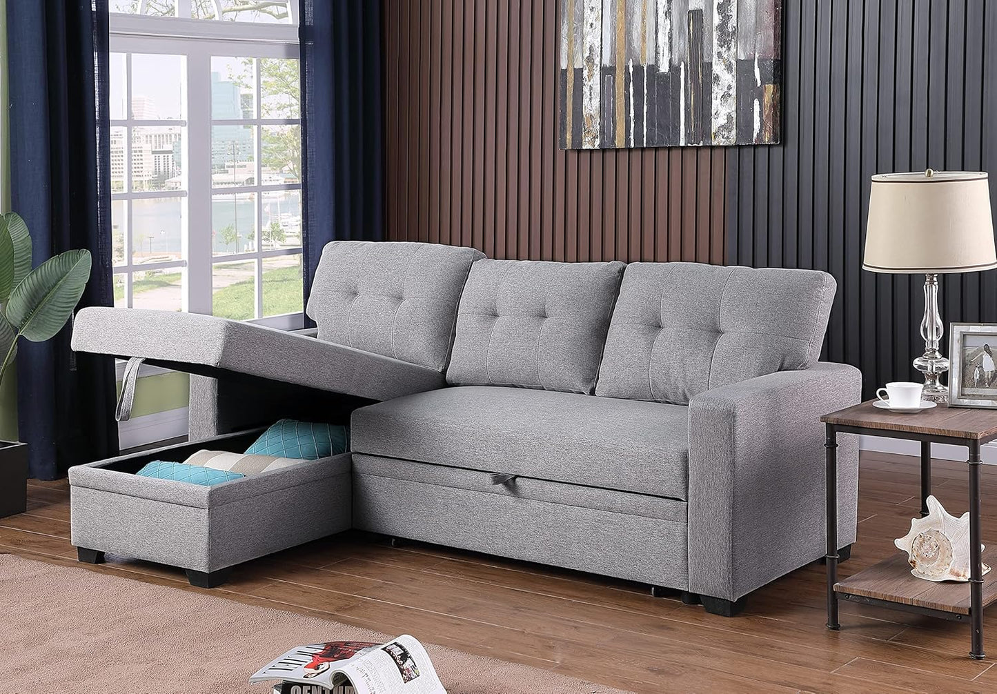 Devion Furniture Garisa 4-in-1 Convertible L Shaped Couch with Pull Out Bed and Storage, Sectional Sleeper Sofa with Reversible Chaise for Living Room, Apartment, Bedroom, Office