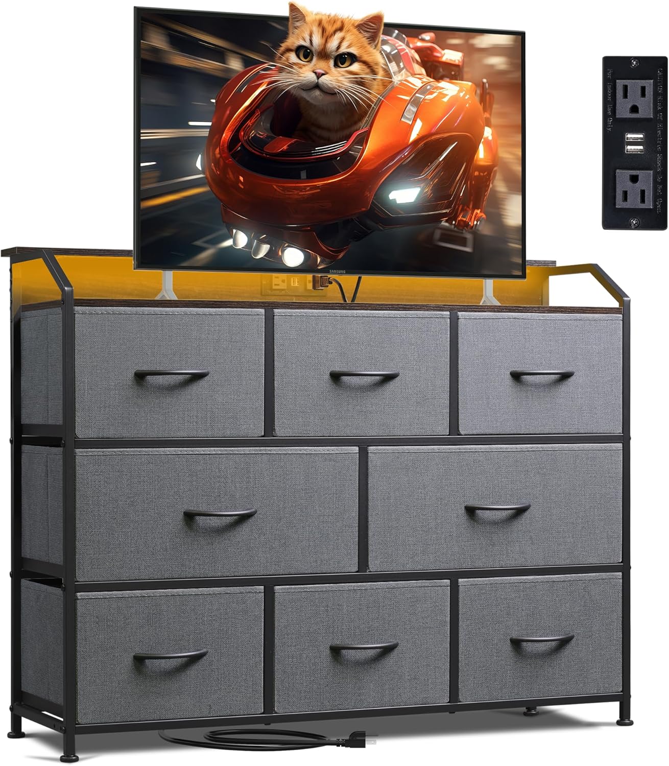 WLIVE Dresser TV Stand with Power Outlets, Led Dresser for Bedroom, Fabric Chest of Drawers with Double Open Shelves, Wood Top, Steel Frame, 6 Drawer Dressers for Closet, Living Room, Dark Grey