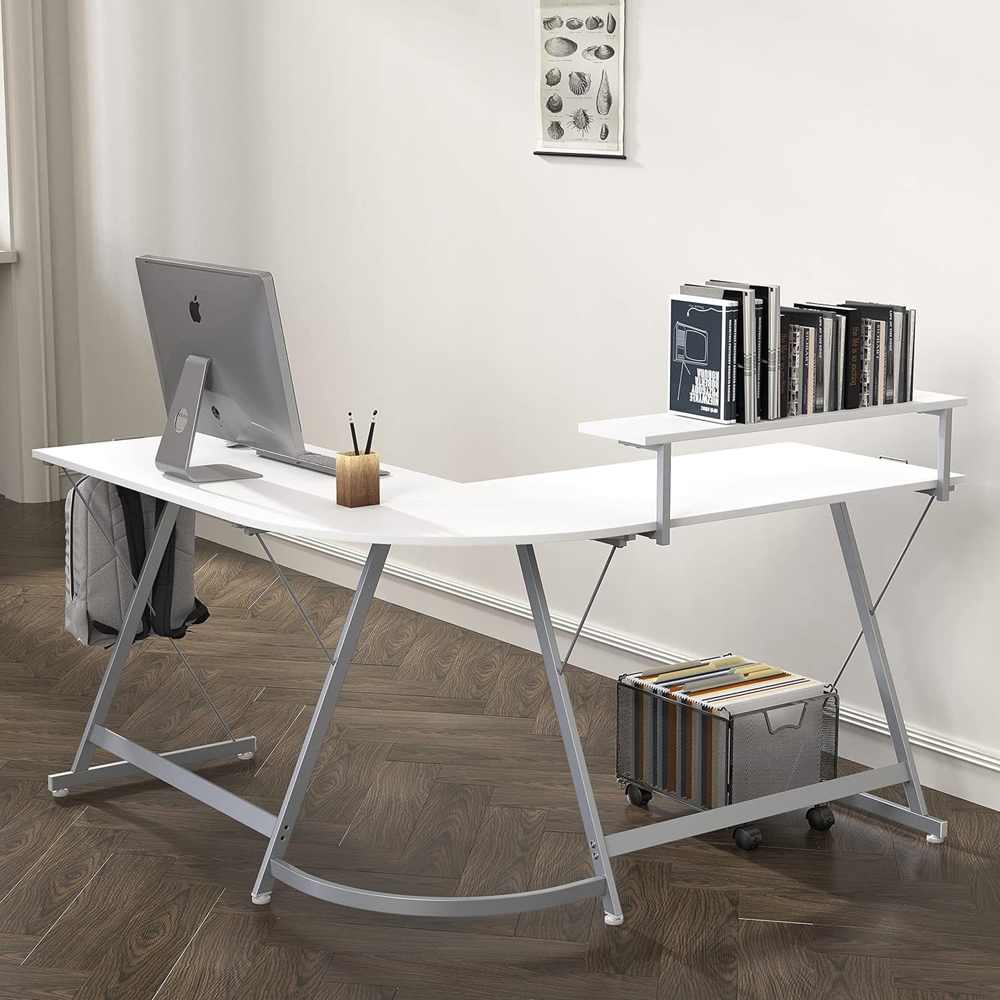 SHW 51 x 51 Inches Vista L-Shaped Desk with Monitor Stand and Drawer, White