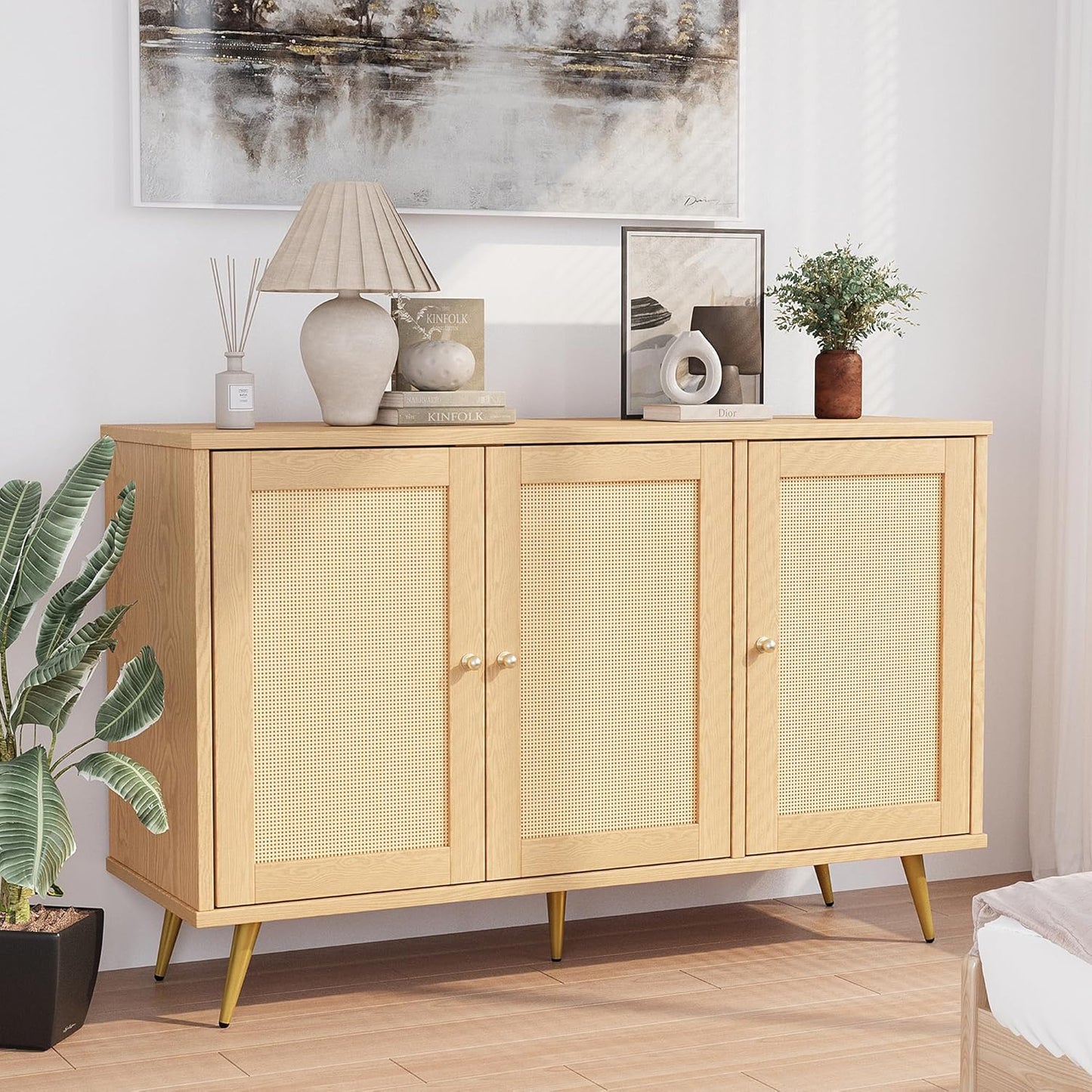 Shintenchi Large Rattan Storage Cabinet, Modern Sideboard Cabinet, Accent Large Storage Space Cabinet with Rattan Decorated Doors for Living Room, Dining Room