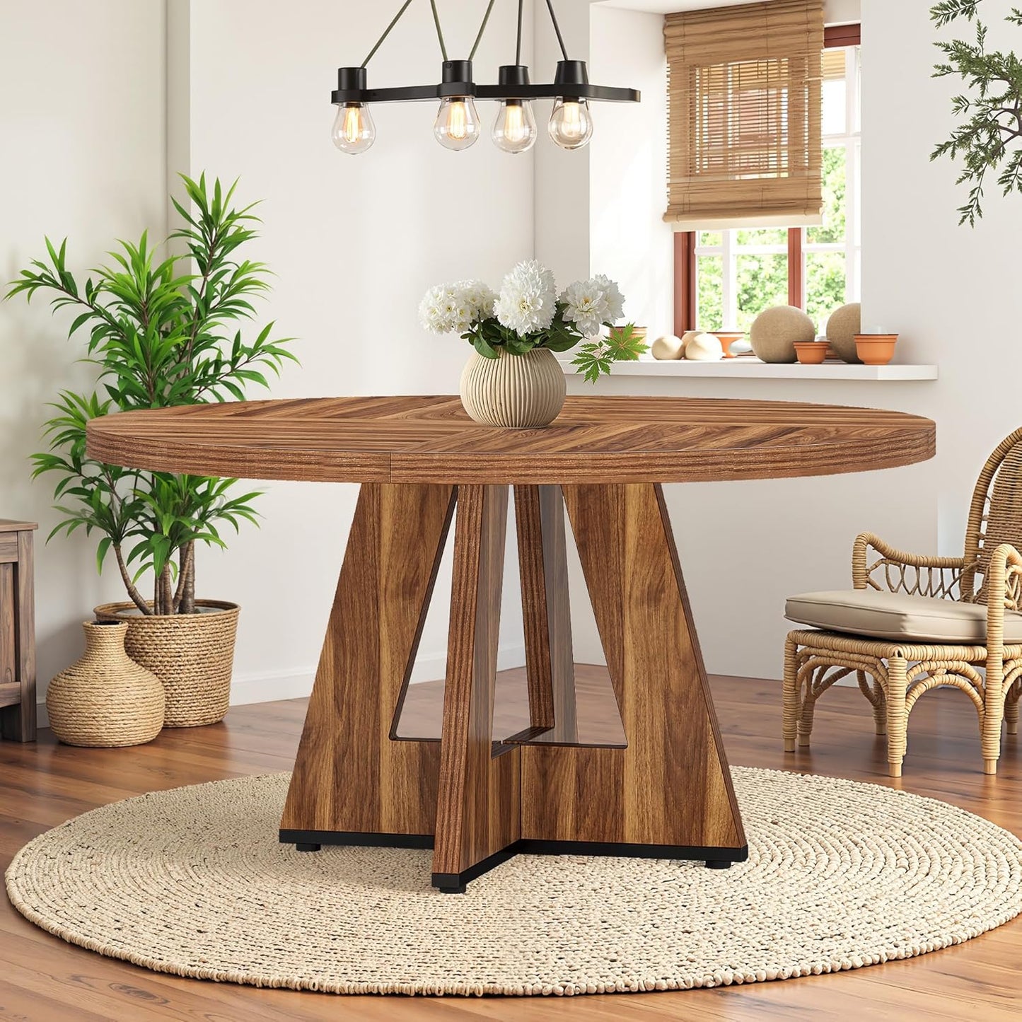 Round Dining Table for 4, 47" Wooden Kitchen Dinner Table Rustic, Farmhouse Table for Dining Room, Living Room, Brown