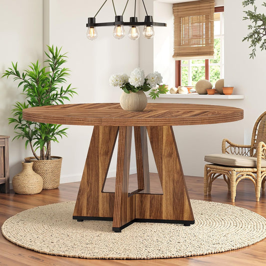Round Dining Table for 4, 47" Wooden Kitchen Dinner Table Rustic, Farmhouse Table for Dining Room, Living Room, Brown