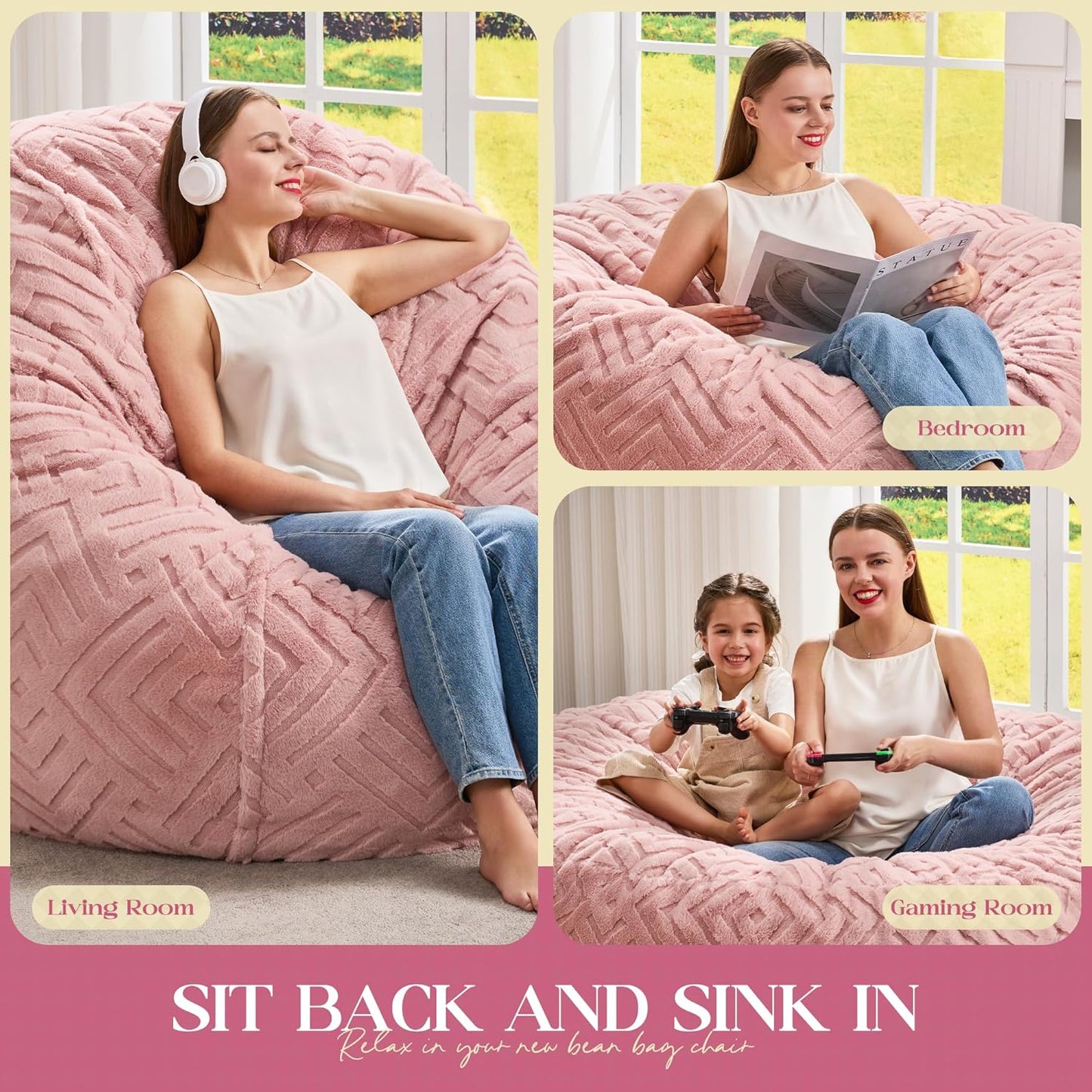 Hobestluk Bean Bag Chairs Adults Beanbag Chair with Filler Large Bean Bags with Fluffy Embossed Cover, Giant Bean Bag Chairs for Adults (Pink, 3FT - 36” x 36” x 22”)