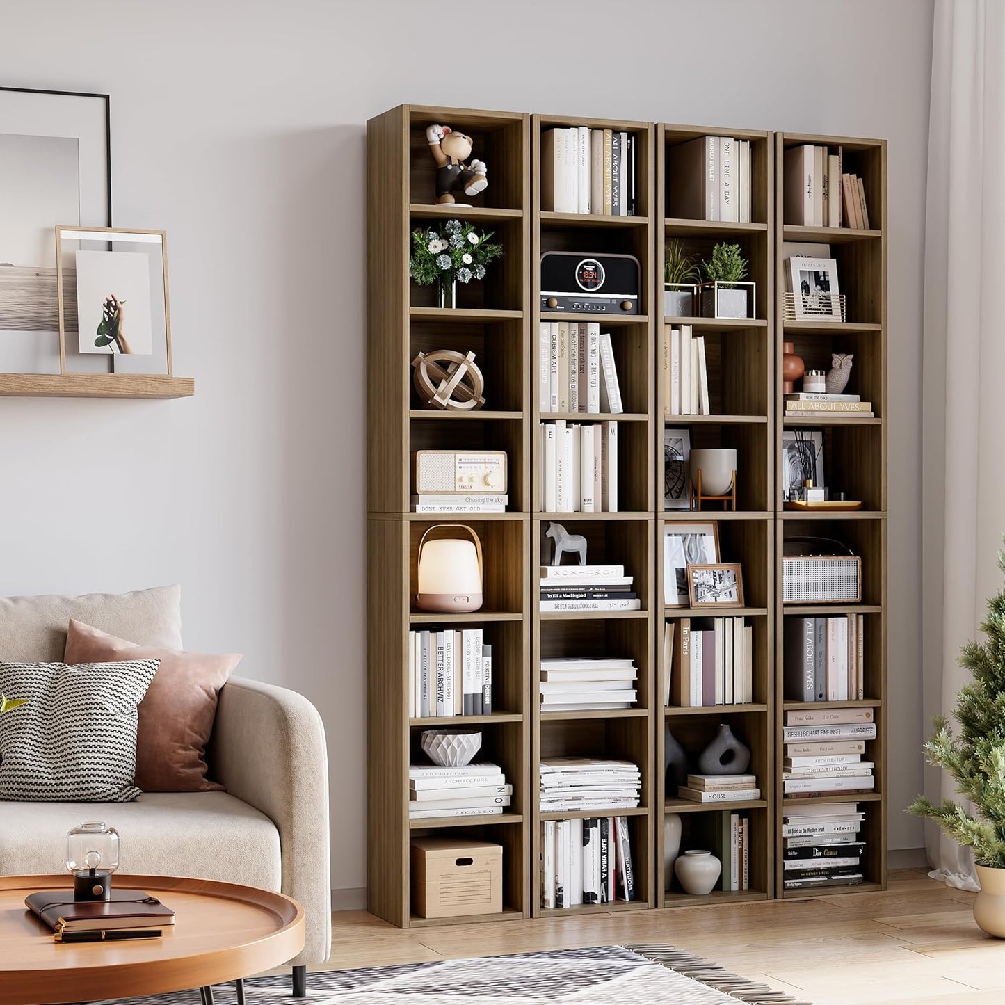 Bamjoy 71 Inches Tall Narrow Bookshelf, 8-Tier Slim CD DVD Media Shelf, Corner Bookcase with Adjustable Shelves, Cube Skinny Bookshelf for Home Office Small Space, Light Walnut