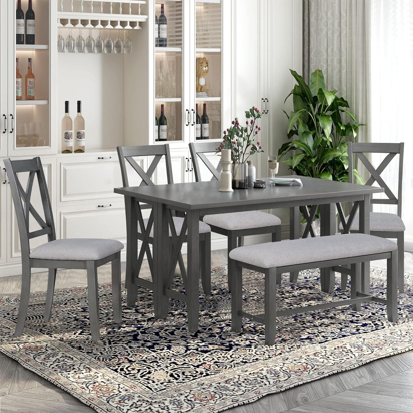 Ball & Cast 6-Piece Dining Table Set, 60" Wood Dining Kitchen Table & Chairs Set, Rectangular Dining Room Foldable Table with 4 Upholstered Chairs & 1 Bench,Perfect for Dining Room, Kitchen, Gray