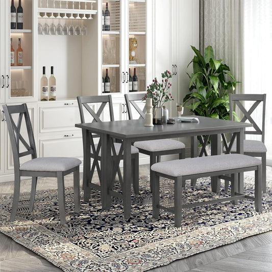 Ball & Cast 6-Piece Dining Table Set, 60" Wood Dining Kitchen Table & Chairs Set, Rectangular Dining Room Foldable Table with 4 Upholstered Chairs & 1 Bench,Perfect for Dining Room, Kitchen, Gray