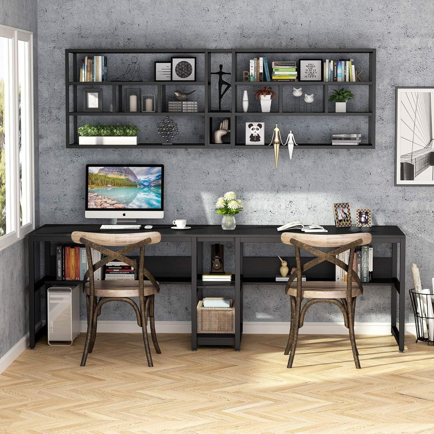 Tribesigns Two Person Desk with Bookshelf, 78.7 Computer Office Double Desk for Two Person, Rustic Writing Desk Workstation with Shelf for Home Office (Black)
