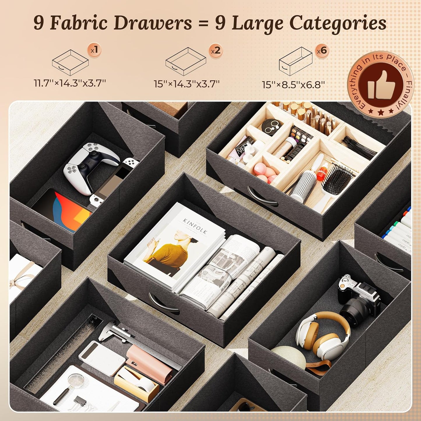 PRAISUN 47 Inch Office Desk with Outlets, Computer Desk with 9 Fabric Drawers, Writing Gaming Work Study Desk for Bedroom, Living Room, Home Office, Large Storage, Black