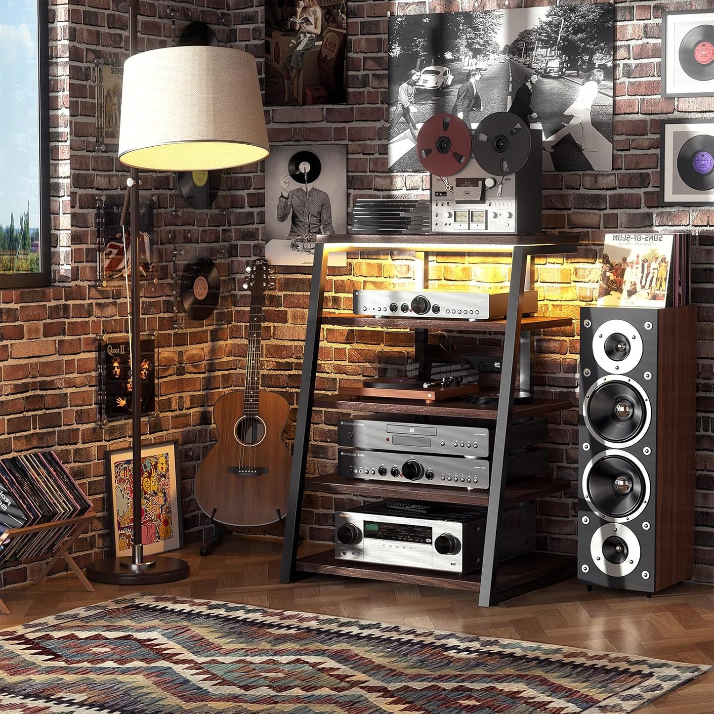 armocity 5-Tier AV Media Stand with Power Strips, Media Console with LED Lights, Audio Tower Rack with Adjustable Shelves, Stereo Stands and Racks, 40.8'', Black Walnut