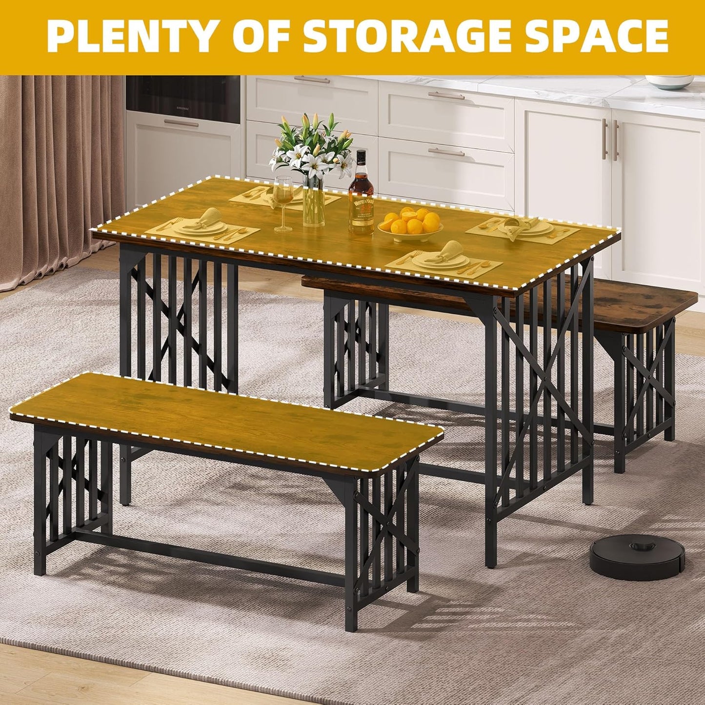 DWVO 3-Piece Kitchen Table with 2 Bench 47.2 Inch Dining Table Set for 4 People Industrial Rectangular Dining Room Furniture Set with Storage for Kitchen Rustic Brown