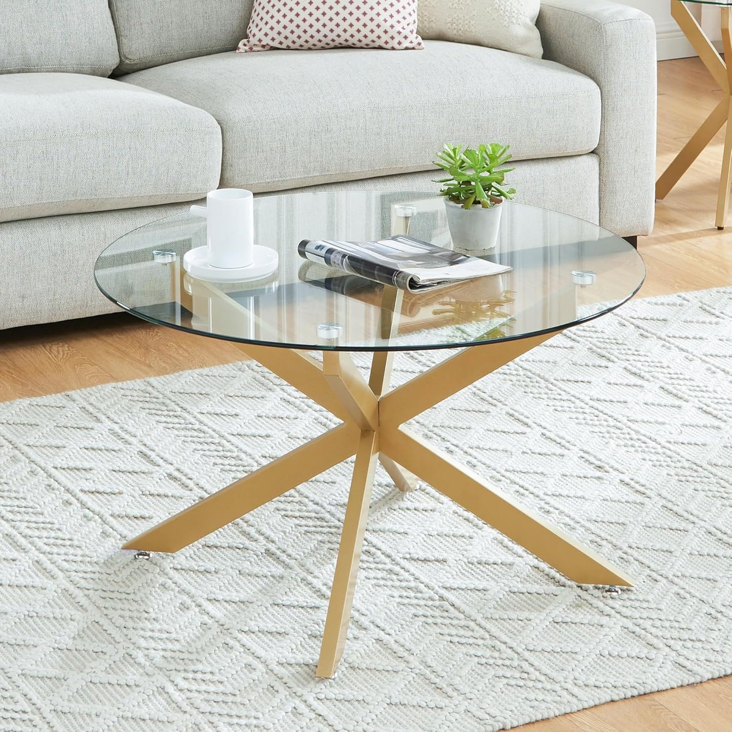 Round Glass Coffee Tables for Living Room, Home Office, Modern & Simple Center Table with Clear Tempered Glass Top, 35.5" Wx19.7 H Gold