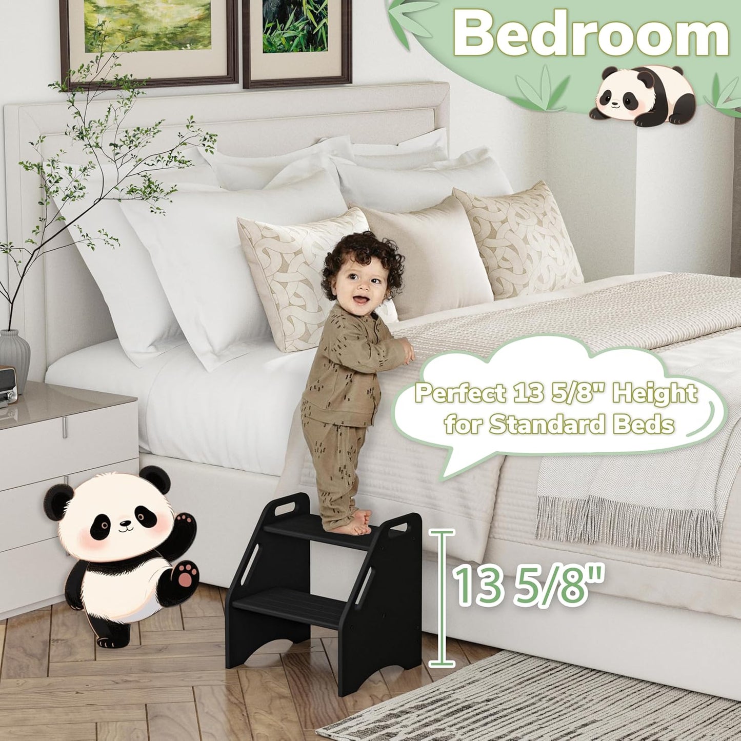 AMBIRD Wooden Step Stool, 15.75'' H Potty Training Toddler 300 lbs Capacity with Safety Non-Slip Pads and Handles, Step Stools for Kids, Bamboo 2-Step Stool for Bathroom, High Beds (Black)