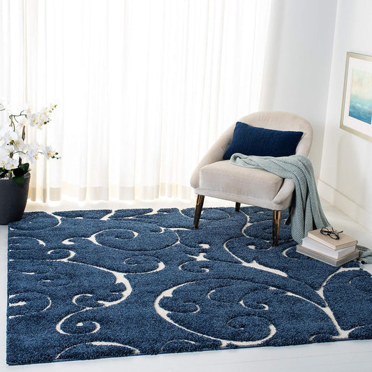SAFAVIEH Florida Shag Collection Area Rug - 11' Square, Dark Blue & Cream, Scroll Design, Non-Shedding & Easy Care, 1.2-inch Thick Ideal for High Traffic Areas in Living Room, Bedroom (SG455-6511)