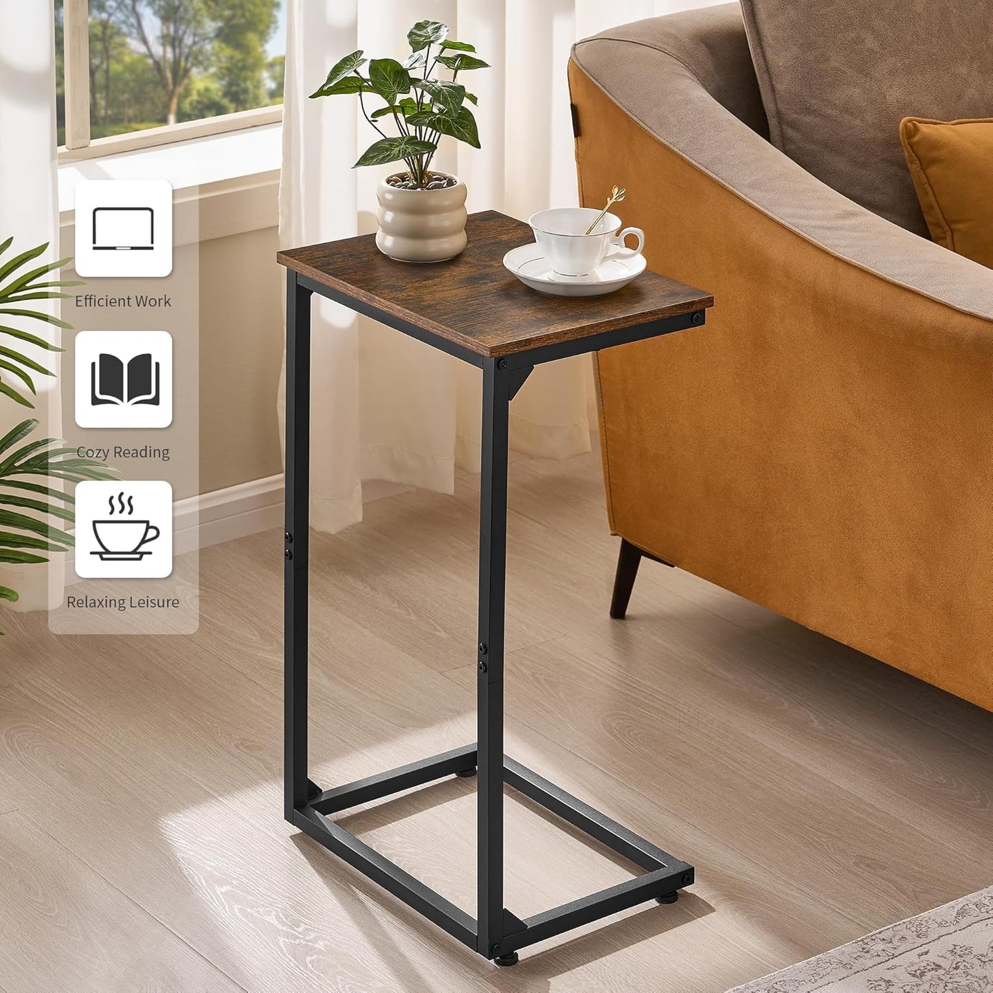 C Shape End Table,Large Surface Couch Table,C Table Sofa Side End Table,Side Table for Couch Slide Under,for Living Room,Bedroom,Home Office, Rustic Design,11.8"D x 15.7"W x 26.4"H(2 Set)