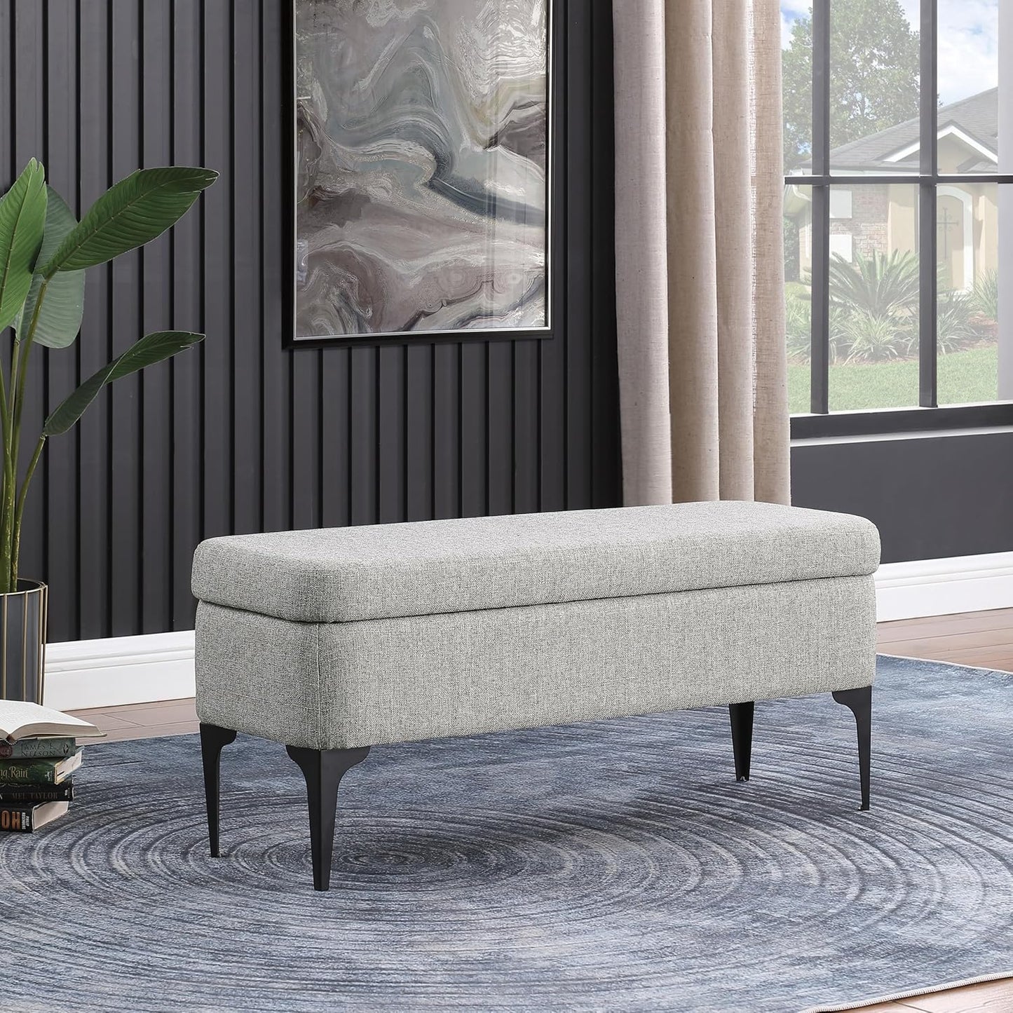 HomePop Upholstered Storage Bench with Metal Leg Home Décor|Bench with Storage for Living Room & Entryway - Sustainable Gray Woven