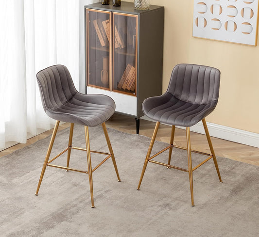 Sidanli Gold Bar Stools, 24” Velvet Barstools, Kitchen Chairs Set of 2 for Counter Height with Back and Footrest, Gray