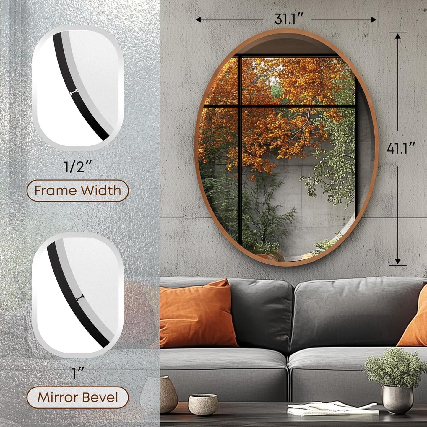 OVALCREST - Oval Wooden Beveled Wall Mirror for Home Decor, Bathroom, Vanity, Bedroom, Living Room, Hallway - London Style (Gold Spray) 31.1 x 41.1