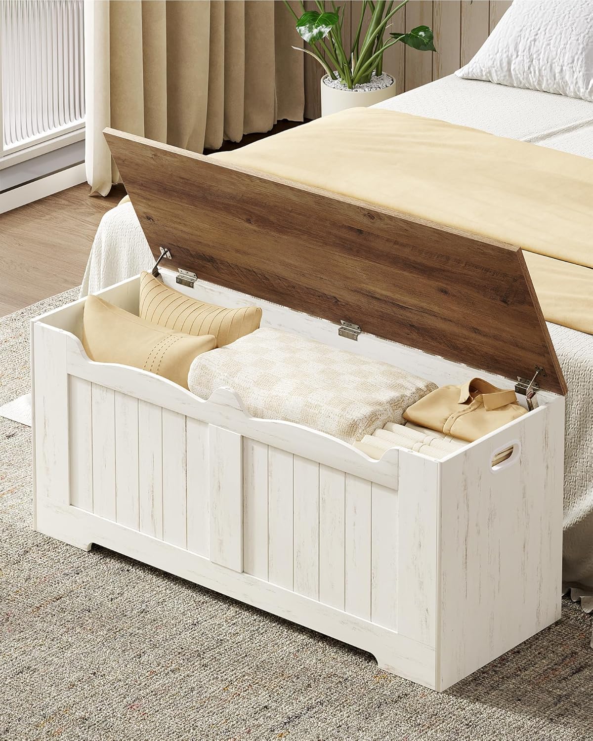 43.3" Storage Chest, Extra Large Storage Bench Trunk with 2 Safety Hinges, Wooden Box, Lift-Top Chest Organizer, Shoe Bench for Entryway, Bedroom, Living Room, White and Brown SB25514X