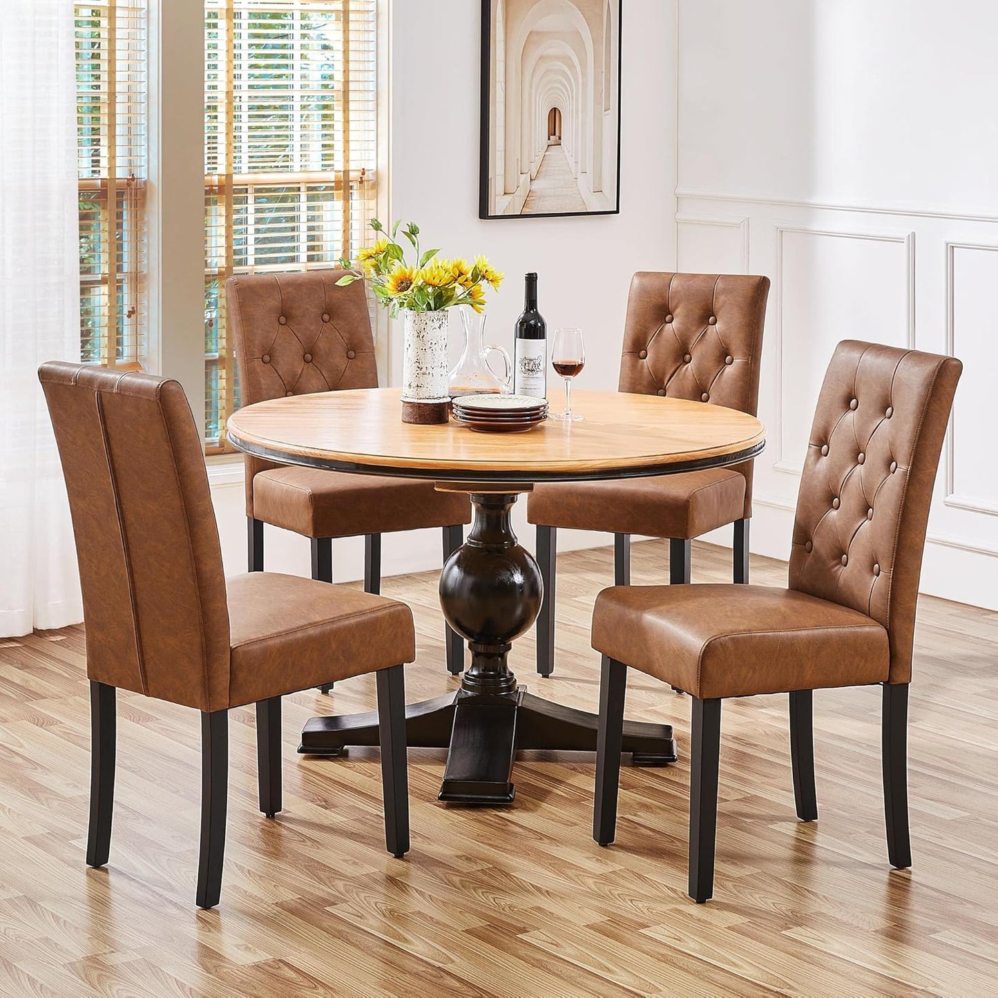 Yaheetech Dining Chairs Set of 6 Modern Style Faux Leather Dining Room Chairs with Solid Wood Legs and Button Tufted Padded for Home Kitchen, Retro Brown