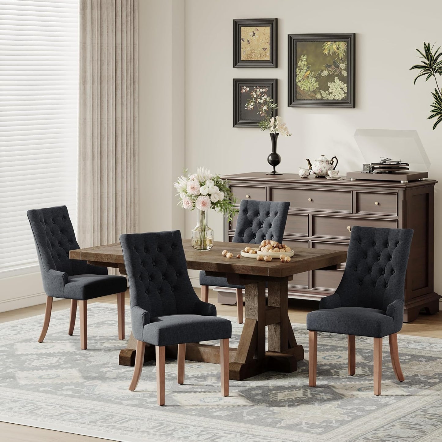 COLAMY Wingback Upholstered Dining Chairs Set of 4, Fabric Side Dining Room Chairs with Tufted Button, Living Room Chairs for Home Kitchen, Black