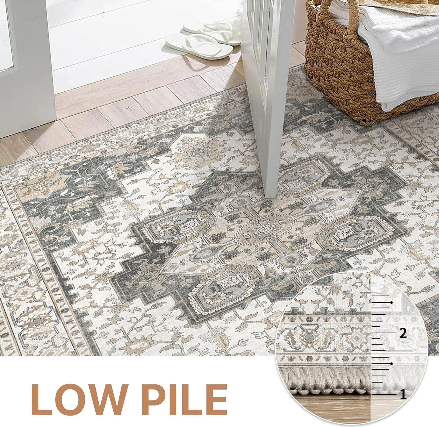 GENIMO 7'6''x9'6'' Area Rugs for Living Room, Machine Washable Non Slip Vintage Rugs, Low Pile Lightweight Chenille Print Rug for Bedroom, Dining Room, Home Office, Heathered Grey