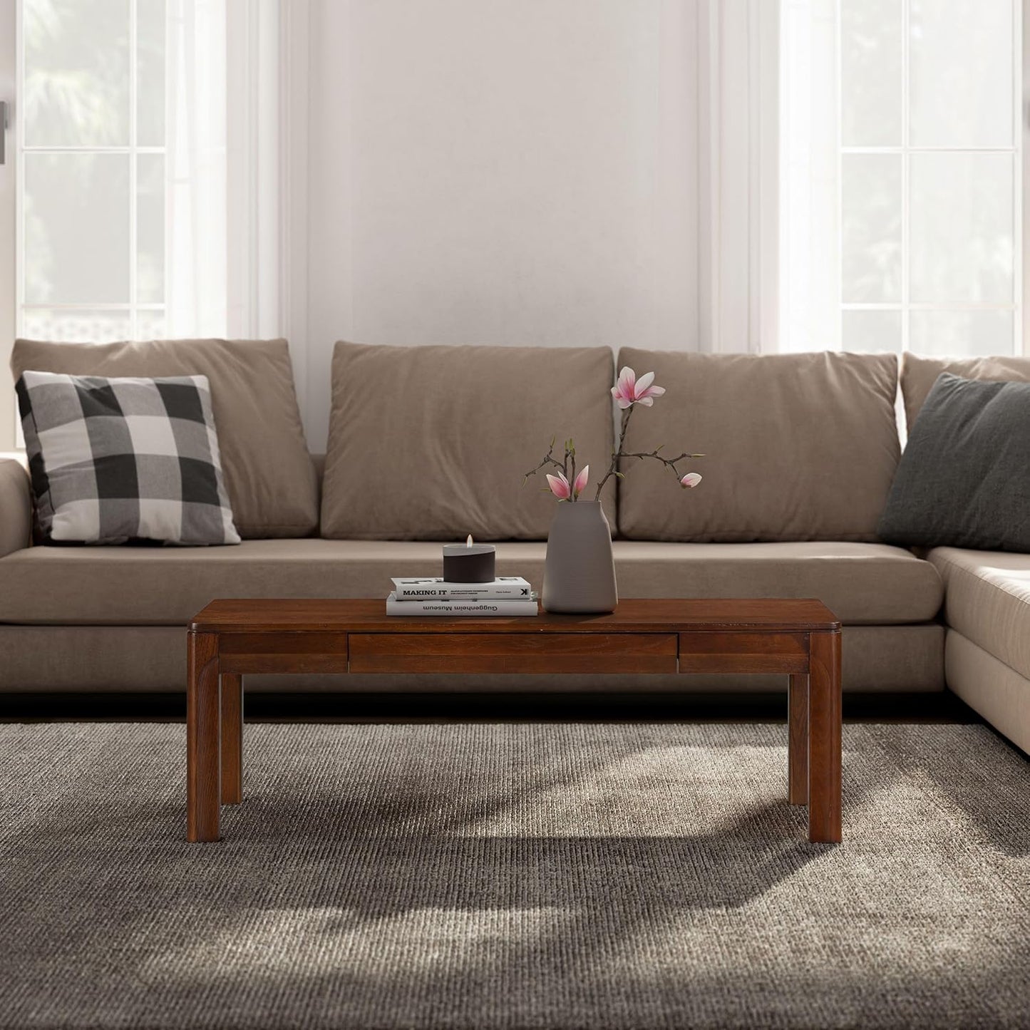 NTC Flow Modern Wooden Rectangle Coffee Table with Hidden Drawer – Waterproof & Heat Resistant, Dark Walnut