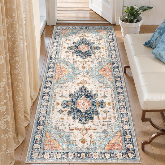 Tangsoo 2x5 Washable Runner Rug for Hallways, Non Slip Vintage Runner Rug, Soft Low Pile Long Print Distressed Blue/Orange for Kitchen Bedroom Entryway Bathroom Living Room