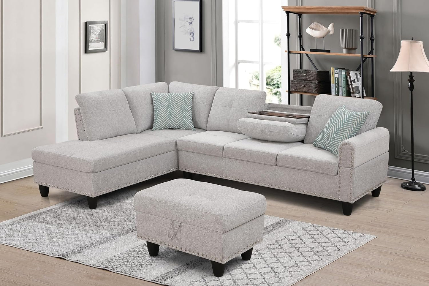 Ball & Cast 98" L Shaped Sectional Couch for Living Room with Chaise & Storage Ottoman,4 Seat Linen Upholstered Modular Sectional Sofa Set 3 PCS W/Cup Holder & Nailhead Trim,for Home,Office,Light Gray