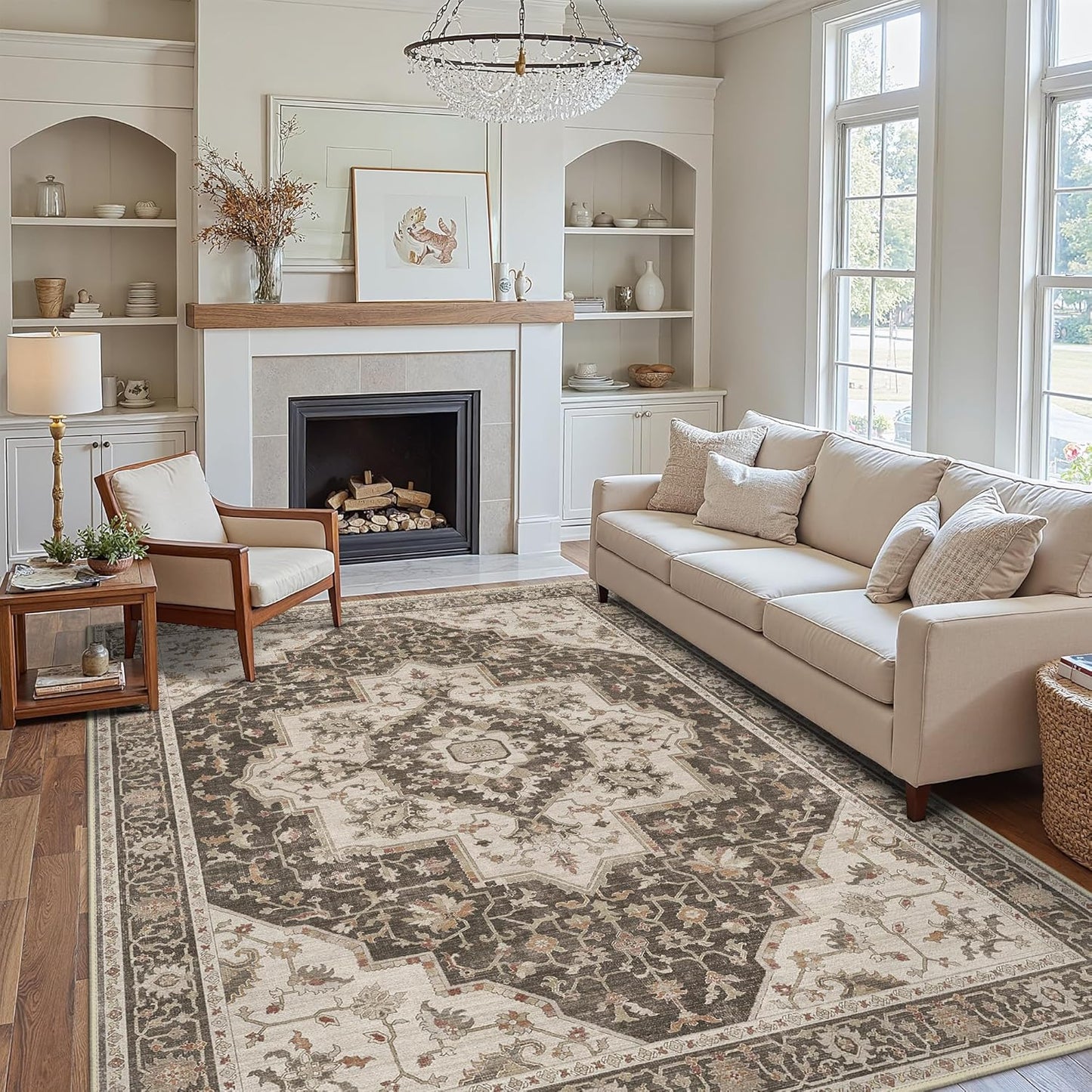 GENIMO 8x10 Area Rugs for Living Room, Machine Washable Non Slip Vintage Retro Rugs, Low Pile Lightweight Chenille Print Rug for Bedroom, Dining Room, Home Office, Ebony Taupe