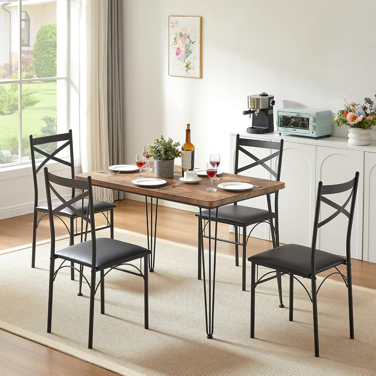 VECELO Kitchen Dining Room Table Set with 4 Chairs for Small Space, Apartment,Metal Steel Frame